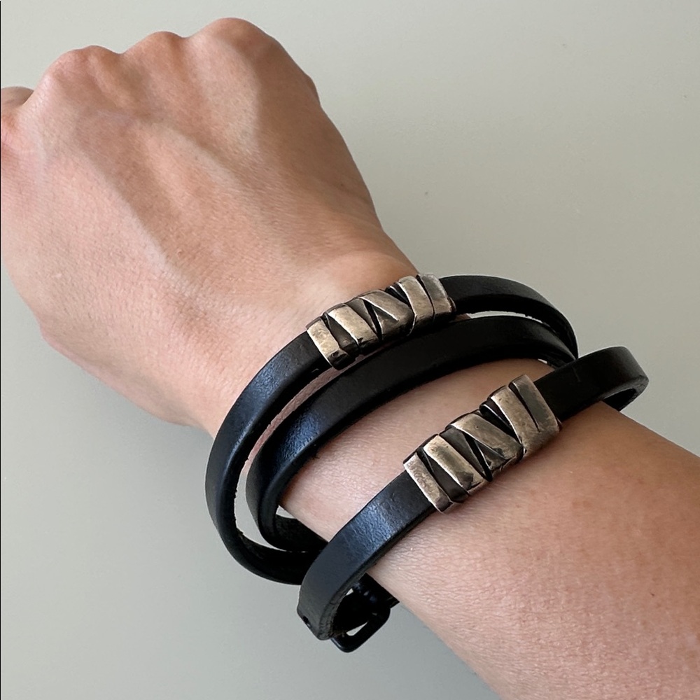 Bottega Veneta Men’s Leather Wrap Bracelet with Aged Silver Hardware